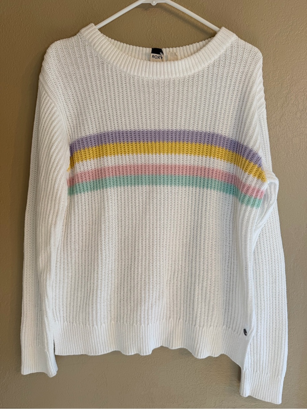 Roxy White Crewneck Sweater with Pastel Stripe Accents